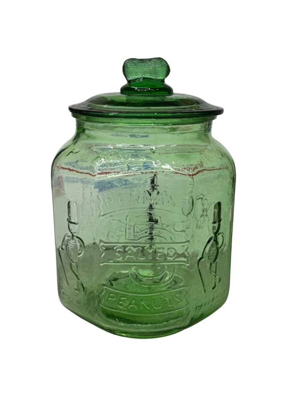 Vintage Planters Pennant Peanut Jar Green Depression Glass Excellent Condition